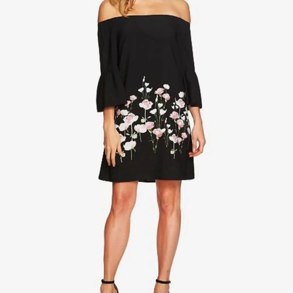 CeCe Off The Shoulder Shift Dress Black Floral Size 2 Wedding‎ Guest Evening - Picture 1 of 8